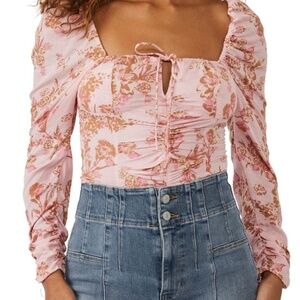 NWT - Free People Boho Hilary Pink Floral Smocked Cropped Top with Tie, Size L
